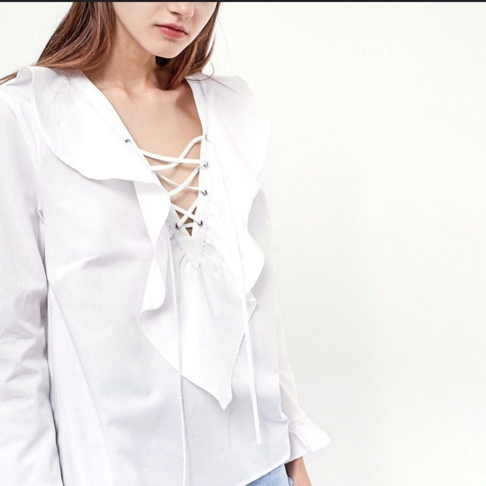 Stradivarius white blouse bell sleeves ruffles and criss cross front tie small